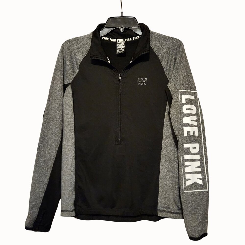Victorias Secret Pink Half-Zip Pullover Black & Gray Love Pink Sleeve Logo M
